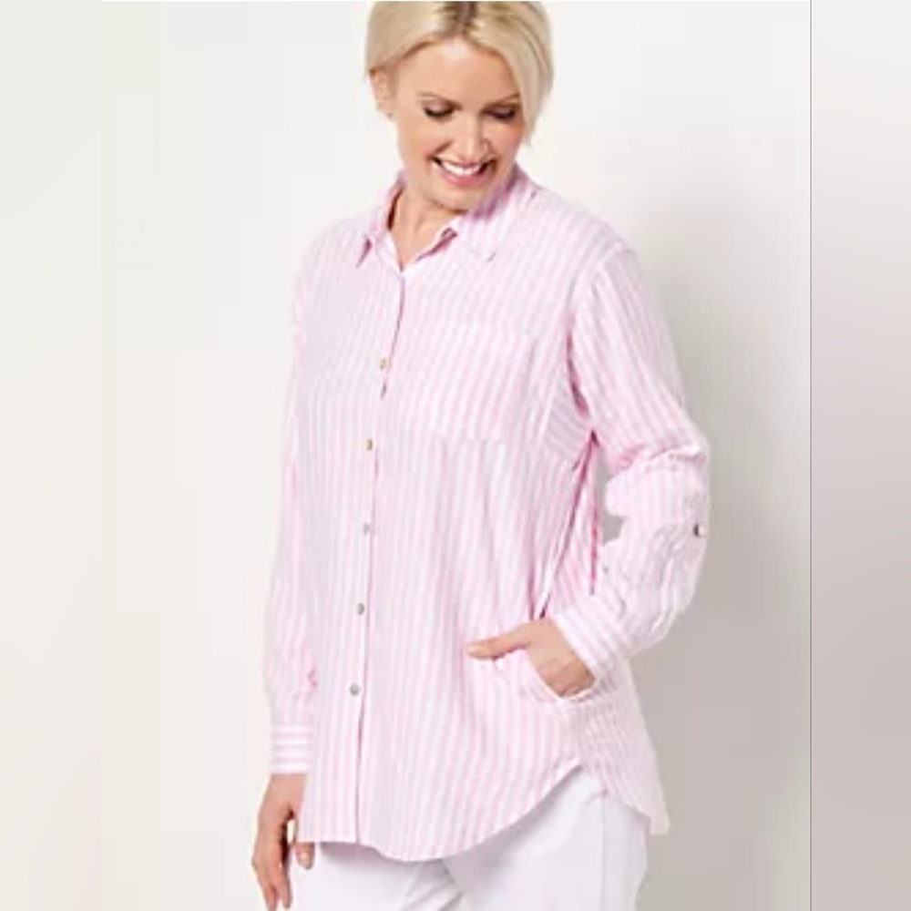 Susan Graver Pure Regular Cross Dyed Linen Blend Pink Stripe Top size XS